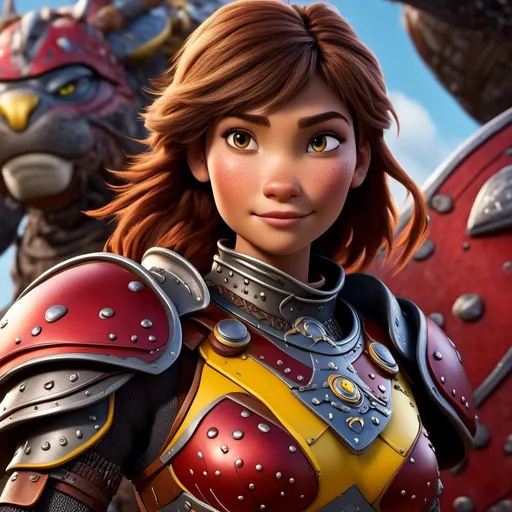 Prompt: <mymodel>CGI Animation of a viking female, brown hair, hazel eyes, bright red gear and armor, yellow highlights and textures, intricate details, high quality, digital painting, cool tones, dramatic lighting