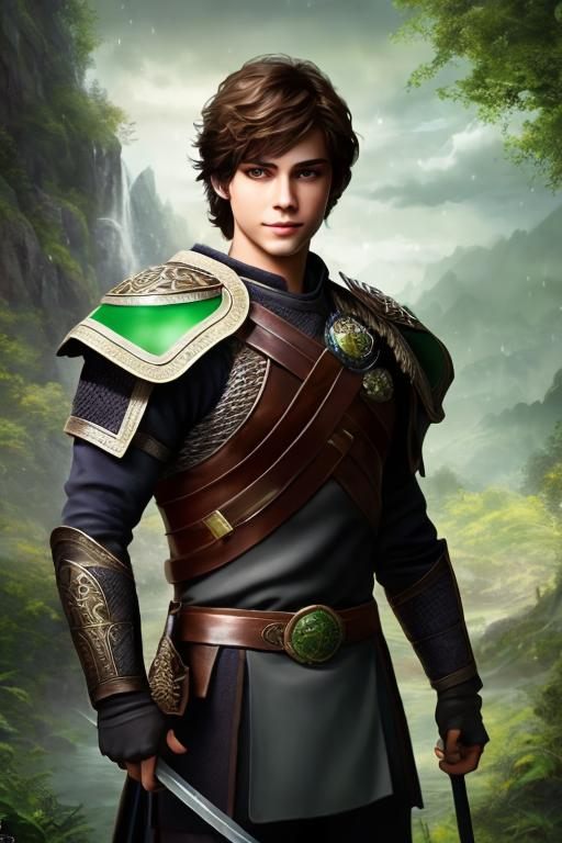 Prompt: he has short brown hair, with a smile, create most handsome fictional male prince viking warrior, short brown hair, light green eyes, extremely detailed environment, detailed background, intricate, detailed skin, professionally color graded, photorealism, 16k, moody lighting