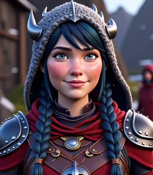 Prompt: <mymodel>CGI Animation, digital art, 20-year-old-old viking woman with violet eyes, Dark red Long sleeve shirt, skirt with dragon teeth on it, wears the snow wraith hood, ((dark dark blue hair with teal, pink and purple streaks)), subtle smile, unreal engine 8k octane, 3d lighting, close up camera shot on the face, full armor