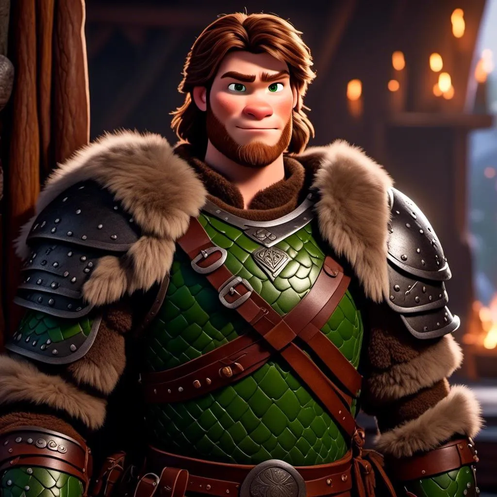 Prompt: <mymodel>Male viking warrior, standing in viking house, brown semi-wavy hair, green eyes, green armor, brown gear, brown pants, brown boots, historical, strong and natural lighting