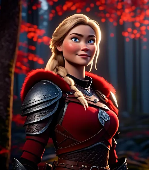 Prompt: <mymodel>CGI Animation, digital art, 20-year-old-old viking woman with light blue eyes standing in a dimly lit forest, blue assassin's creed clothes, red colored armor, blonde straight hair, subtle smile, unreal engine 8k octane, 3d lighting, cinematic lighting, camera shot of full armor from head to toe