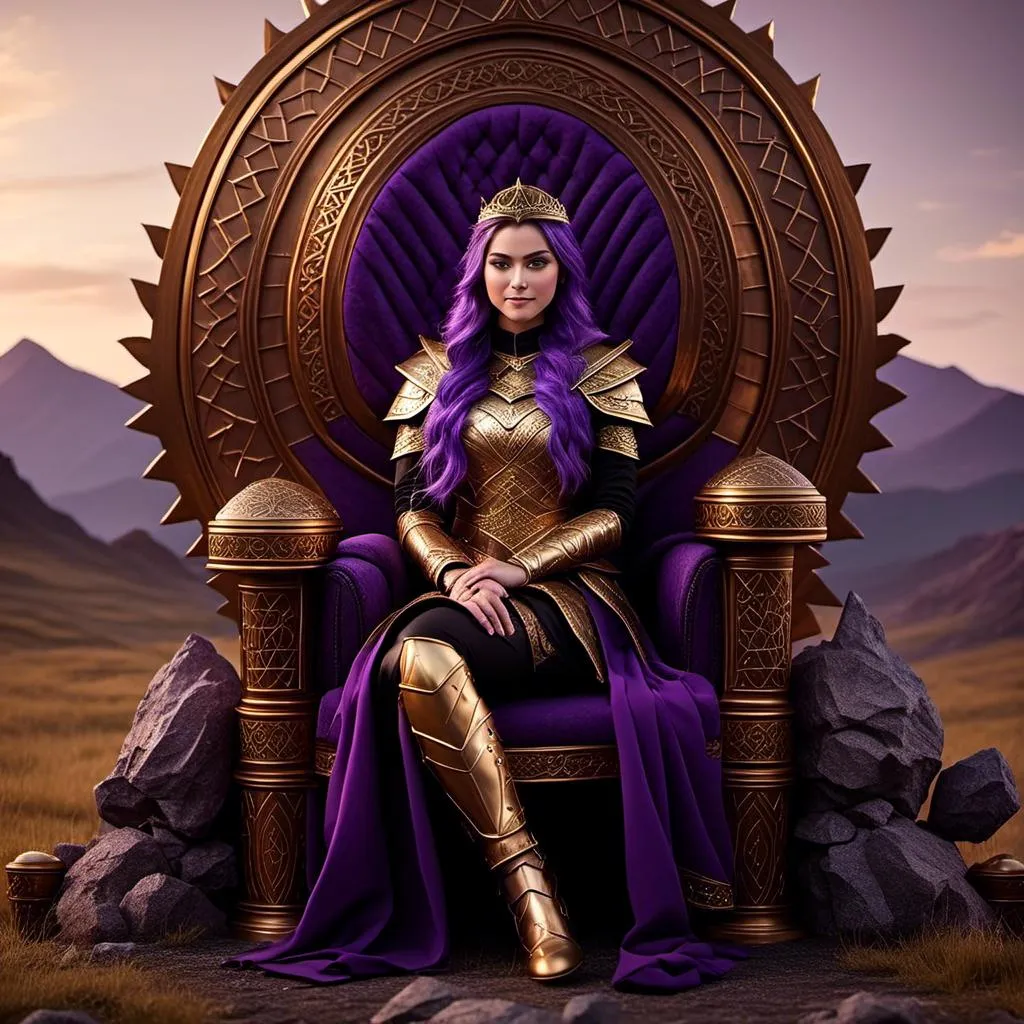 Prompt: A photo of <mymodel> sitting on her throne of her land