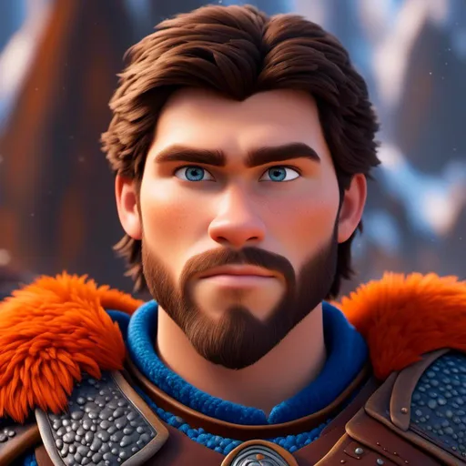 Prompt: <mymodel>Animated CGI style of a fierce 24-year-old Caucasian Viking with dark hair, light body build, intense gaze, realistic (bright blue armor) with highlights of orange textures, high quality, CGI, realistic, intense gaze, viking, male, Caucasian, detailed facial features, high res, professional, intense lighting