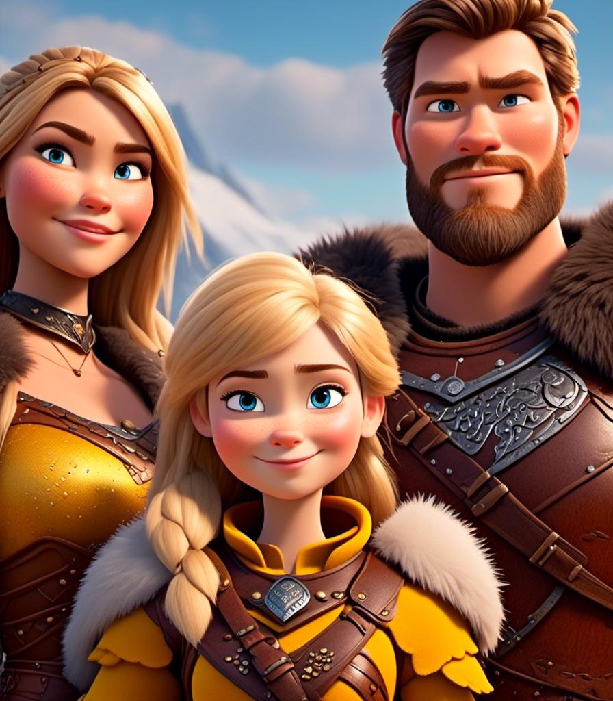 Prompt: <mymodel>CGI Animation, digital art, 20-year-old-old viking woman with light blue eyes standing with her brother and sister, yellow clothes, gold colored armor, blonde straight hair, subtle smile, unreal engine 8k octane, 3d lighting, close up camera shot on the face, full armor