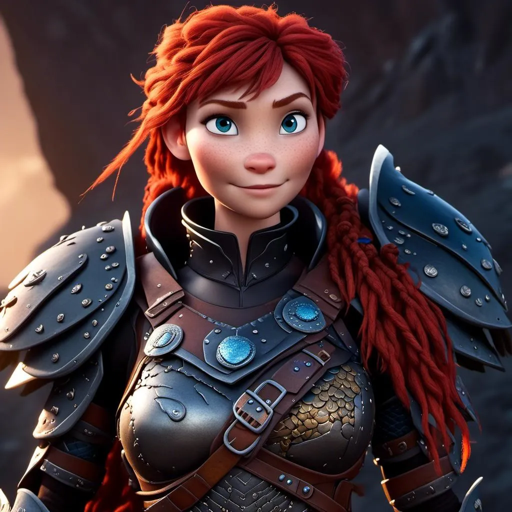 Prompt: <mymodel>CGI Animation of a viking woman of 40 years old, red hair with dreadlocks, blue eyes, all black gear and armor, leather highlights and textures, dragon scale textures and armor, intricate details, high quality, digital painting, cool tones, dramatic lighting