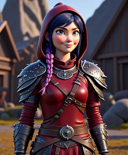 Prompt: <mymodel>CGI Animation, digital art, 20-year-old-old viking woman with violet eyes, Dark red Long sleeve shirt, skirt with dragon teeth on it, wears the snow wraith hood, ((dark dark blue hair with teal, pink and purple streaks)), standing in a viking village, subtle smile, unreal engine 8k octane, 3d lighting, close up camera shot on the face, full armor