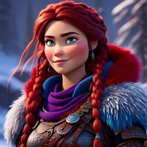 Prompt: <mymodel>CGi Animation, 25-year-old viking woman warrior with blue eyes, a snowy scene, the viking woman has a subtle smile, purple dreadlocks and braids in her hair, she has red gear, gold armor with bursts of blue textured splotches, black pants, black boots