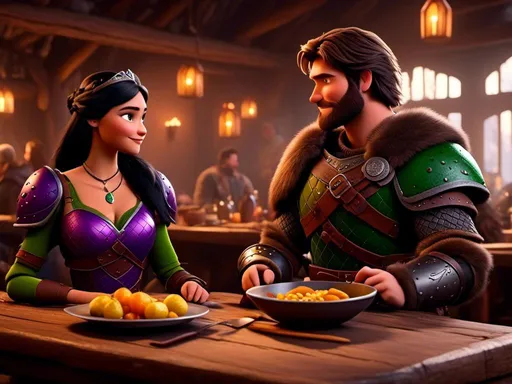 Prompt: <mymodel>CGI Animation, digital art, 20-year-old-old viking woman of royalty standing a busy tavern having a meal with her husband Jarl, Jarl is clean shaven, {{the woman has purple armor}}, black hair, straight hair with a tiara, subtle smile, Jarl has green armor and brown gear, unreal engine 8k octane, 3d lighting, close up camera shot on the face, full armor