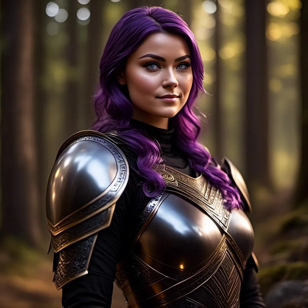 Prompt: <mymodel>25-year-old viking woman, subtle smile, light blue eyes, black gear, bright black armor, wearing an iron-man like suit of armor, black textures and highlights, standing in the forest, short focus, blurry background, unreal engine 8k octane, 3d lighting, full body, full armor