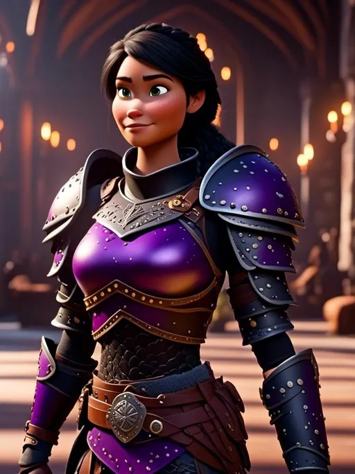 Prompt: <mymodel>CGI Animation, digital art, 20-year-old-old viking woman of royalty standing in The Great Hall on the Isle of Berk, {{purple gear, black armor}}, black hair, straight hair with a tiara, subtle smile, unreal engine 8k octane, 3d lighting, close up camera shot on the face, full armor