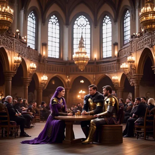 Prompt: Photo of a young <mymodel> sitting at the in The Great Hall discussing politics with her husband a young Jarl Mollerson, he has short brown hair and no beard