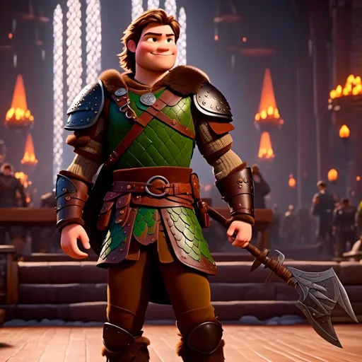 Prompt: <mymodel> viking man, lawyer, thin, small stature, standing in The Great Hall, medium length brown hair, evil look, evil smile, brown eyes, no armor, European-like brown gear, brown leather vest, long sleeve green shirt underneath the brown leather vest, black highlights on his clothes, brown pants, brown boots, historical, strong and natural lighting