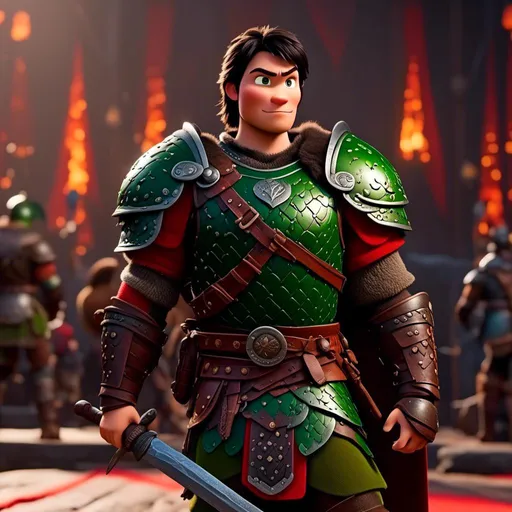 Prompt: <mymodel>Animated CGI style of a fierce Viking male about 25 years old, black hair, detailed facial features, leather armor {{((red))}} and green armor, battle axe and shield, standing inside The Great Hall, intense and determined expression, dynamic and powerful pose, high definition, CGI, detailed armor, fierce female, Nordic designs, battle-ready, dynamic pose, professional lighting