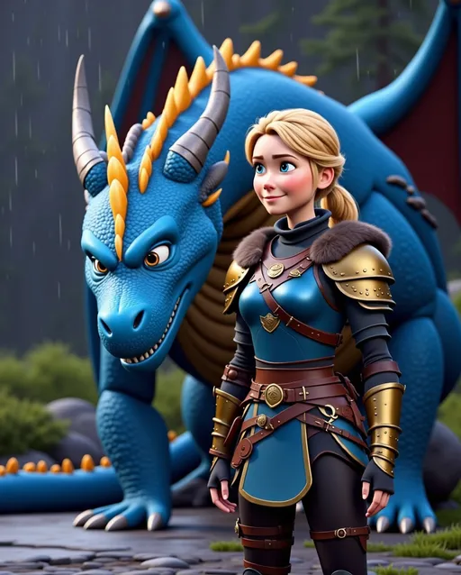 Prompt: CGi Animation, 20-year-old viking woman with blue eyes, a rainy scene, she is standing next to a bright blue dragon with gold highlights, they are both in the rain, the viking woman has a subtle smile, blonde hair in a ponytail style, she has blue gear, gold armor, black pants, black boots