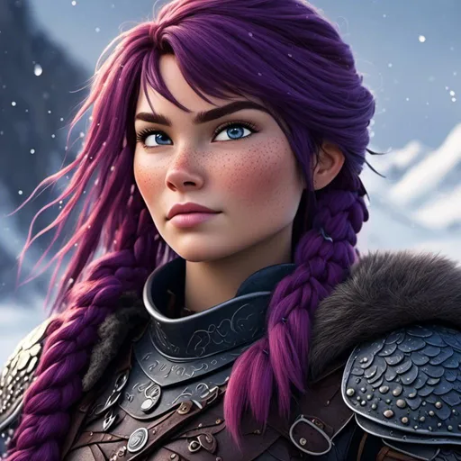 Prompt: <mymodel>animated CGI style, caucasian, purple hair, viking female warrior, detailed braided hair and battle scars, rugged and weathered armor, intense and determined gaze, snowy and rugged landscape, fierce, warrior, detailed hair, battle scars, snowy landscape, intense gaze, weathered armor, dramatic lighting