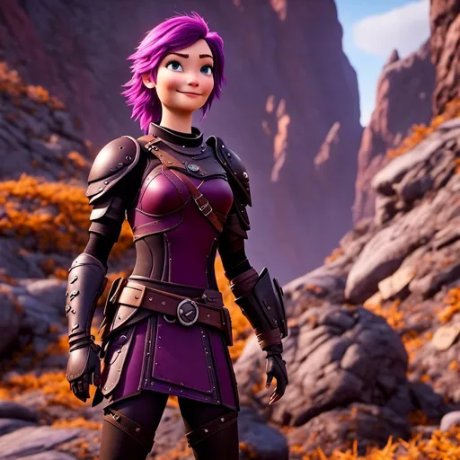 Prompt: <mymodel>CGi Animation, 20-year-old viking woman with one hair braid, caucasian, subtle smile, purple hair, light blue eyes, black gear, bright purple armor, black textures and highlights, unreal engine 8k octane, 3d lighting, full body, full armor