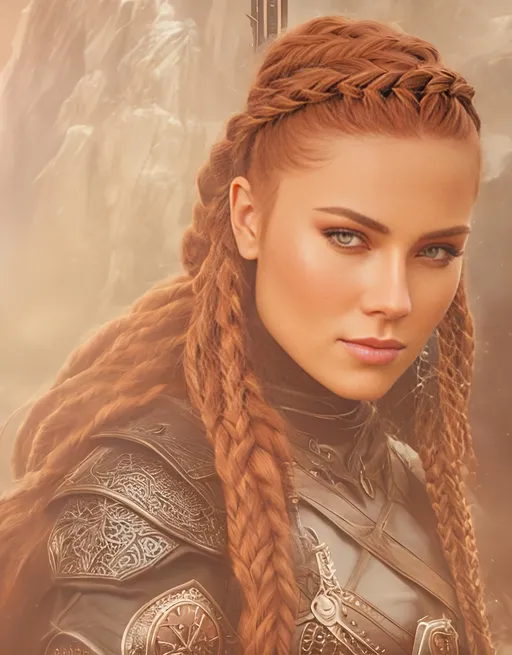 Prompt: she has braided cornrow hair, create most beautiful fictional female viking warrior, red hair, black rogue gear, extremely detailed environment, detailed background, intricate, detailed skin, professionally color graded, photorealism, 16k, moody lighting