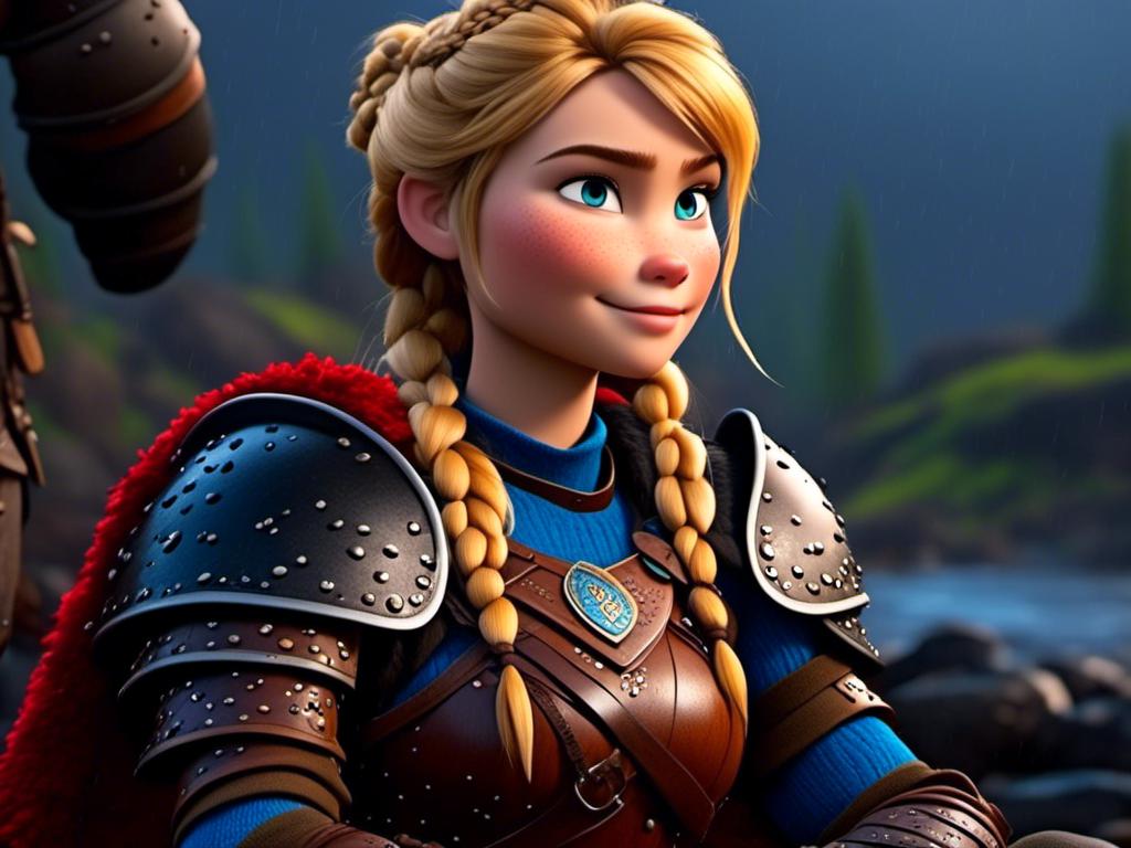 Prompt: <mymodel>CGi Animation, 20-year-old viking woman with blue eyes, a rainy scene, she is sitting in the rain, the viking woman has a subtle smile, blonde hair in a ponytail style, she has blue gear, gold armor, black pants, black boots