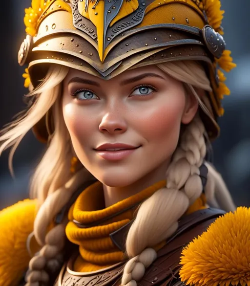 Prompt: <mymodel>CGI Animation, digital art, 20-year-old-old viking woman with light blue eyes, yellow mask over her eyes, yellow clothes, gold colored armor, blonde straight hair, subtle smile, unreal engine 8k octane, 3d lighting, close up camera shot on the face, full armor