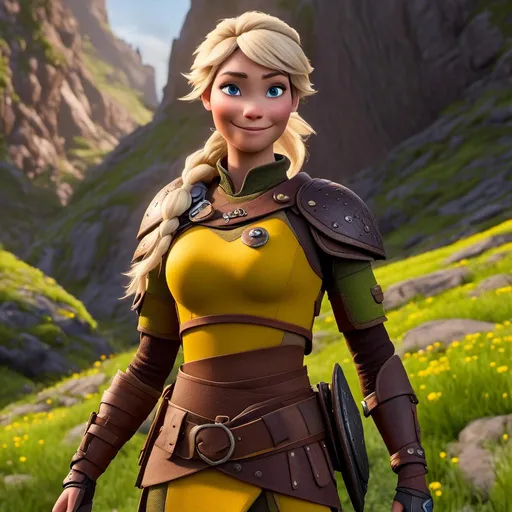 Prompt: <mymodel>CGi Animation, 20-year-old viking woman with one hair braid, subtle smile, blonde hair, blue eyes, green gear, green armor, yellow clothes, yellow textures and highlights, unreal engine 8k octane, 3d lighting, full body, full armor
