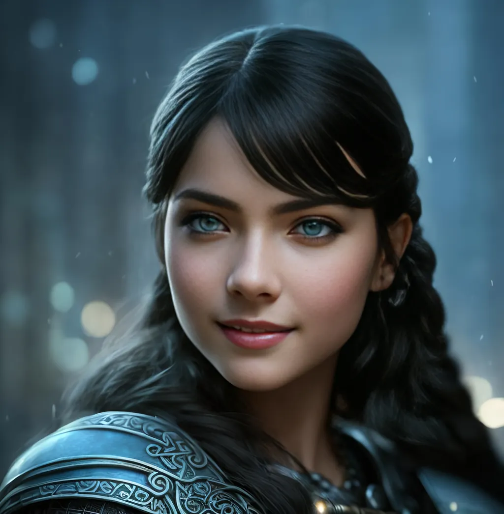 Prompt: she has black hair, create most beautiful fictional female princess viking warrior, hopeful smile, black hair, light blue eyes, extremely detailed environment, detailed background, intricate, detailed skin, professionally color graded, photorealism, 8k, moody lighting