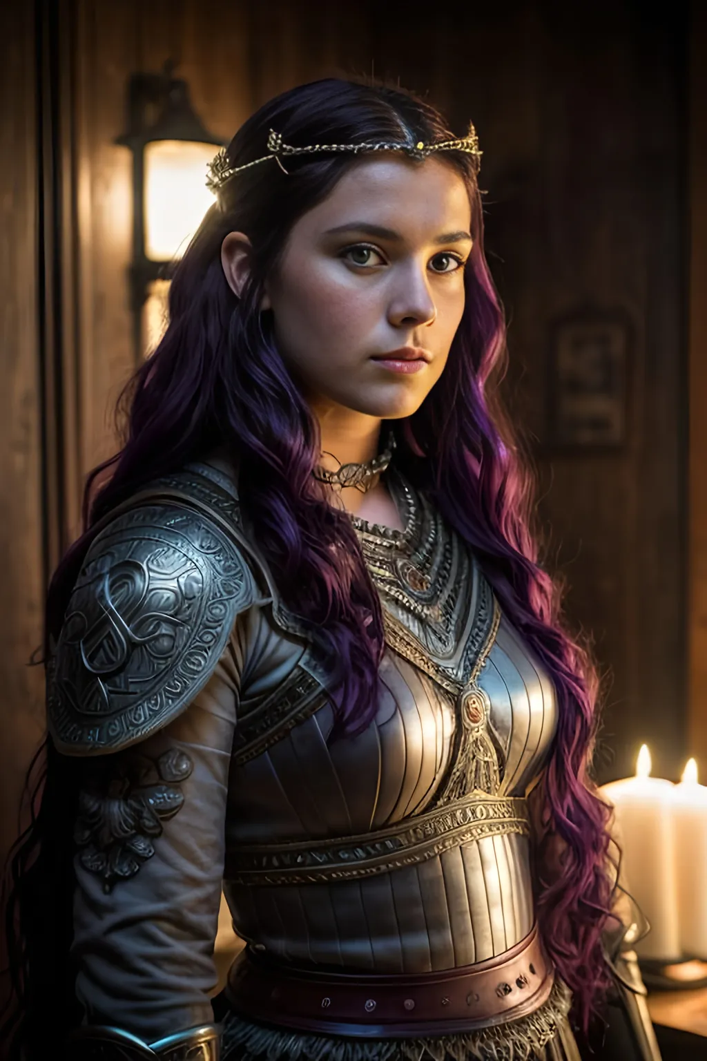 Prompt: create most beautiful fictional female viking princess, (((dark purple hair))), extremely detailed environment, detailed background, intricate, detailed skin, professionally color graded, photorealism, 8k, moody lighting