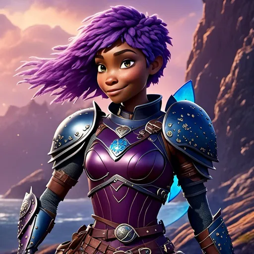 Prompt: a photo of <mymodel>, a caucasian viking female with purple hair and purple gear and armor with bursts of blue textures