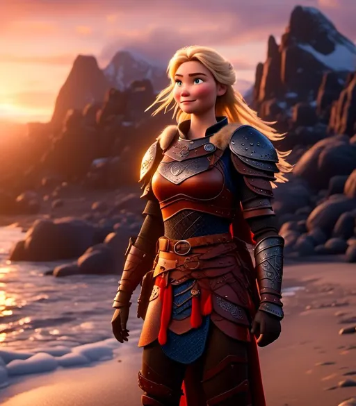 Prompt: <mymodel>CGI Animation, digital art, 20-year-old-old viking woman with blue eyes standing around several hot springs on a beach, blue clothes, blue colored armor, sunset lighting, blonde straight hair, subtle smile, unreal engine 8k octane, 3d lighting, cinematic lighting, camera shot of full armor from head to toe