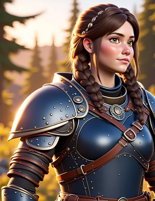 Prompt: Digital art, 18-year-old viking woman, blue gear, blue clothes, dark blue armor, brunette hair, two braids behind her back, dark brown eyes, unreal engine 8k octane, 3d lighting, full body, full armor