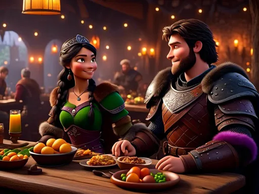 Prompt: <mymodel>CGI Animation, digital art, 20-year-old-old viking woman of royalty standing a busy tavern having a meal with her husband Jarl, {{the woman has purple armor}}, black hair, straight hair with a tiara, subtle smile, Jarl has green armor and brown gear, unreal engine 8k octane, 3d lighting, close up camera shot on the face, full armor