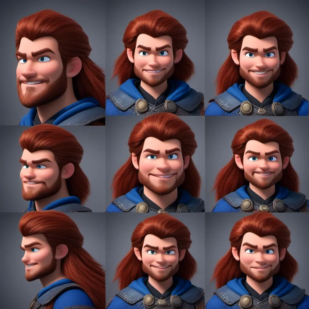 Prompt: <mymodel>Animated CGI style of a light build Caucasian Viking with brown hair, intense gaze, realistic red fur and  blue clothing textures, high quality, CGI, realistic, intense gaze, viking, male, Caucasian, detailed facial features, fur textures, highres, professional, intense lighting