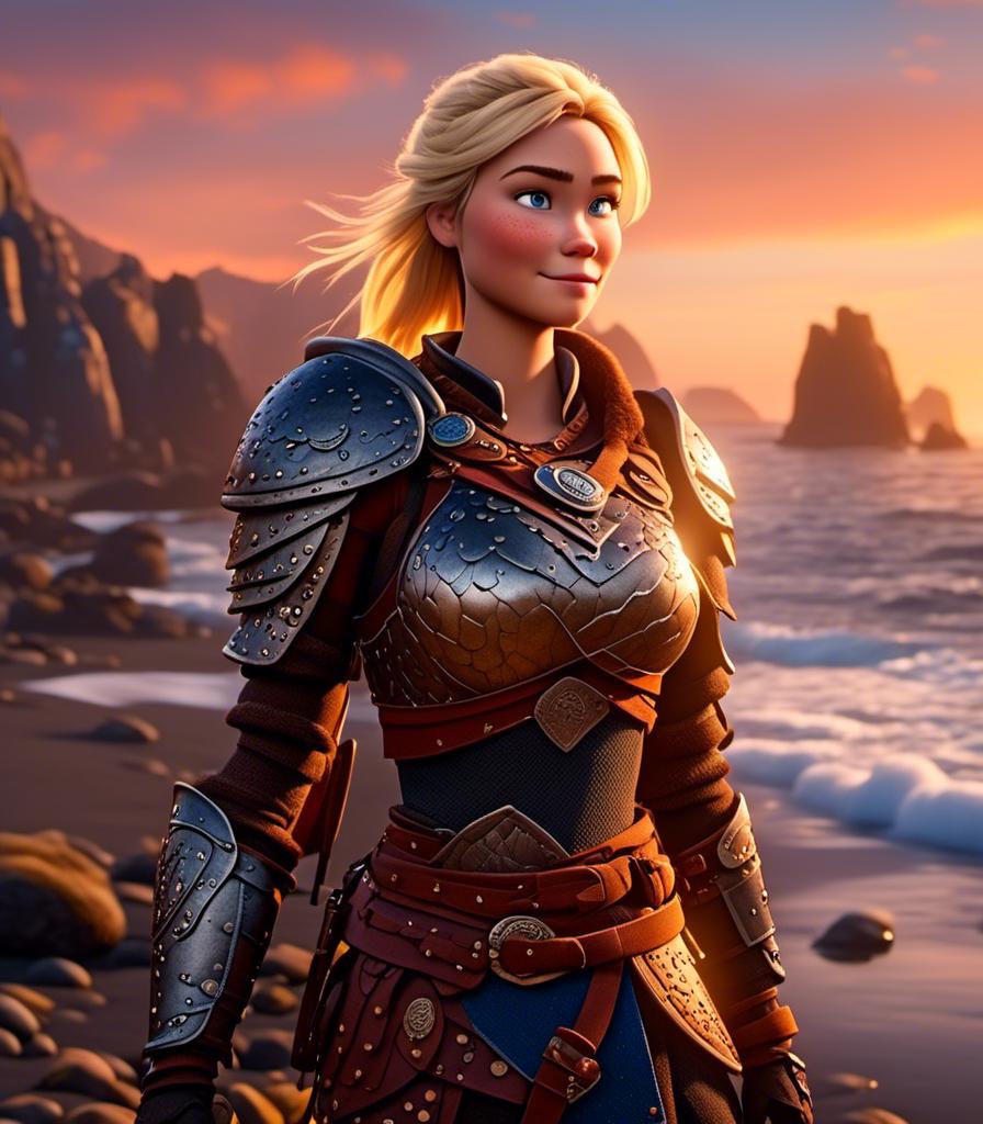 Prompt: <mymodel>CGI Animation, digital art, 20-year-old-old viking woman with light blue eyes standing around several hot springs on a beach, sunset lighting, blue clothes, blue colored armor, blonde straight hair, subtle smile, unreal engine 8k octane, 3d lighting, cinematic lighting, camera shot of full armor from head to toe