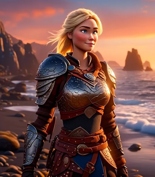 Prompt: <mymodel>CGI Animation, digital art, 20-year-old-old viking woman with light blue eyes standing around several hot springs on a beach, sunset lighting, blue clothes, blue colored armor, blonde straight hair, subtle smile, unreal engine 8k octane, 3d lighting, cinematic lighting, camera shot of full armor from head to toe