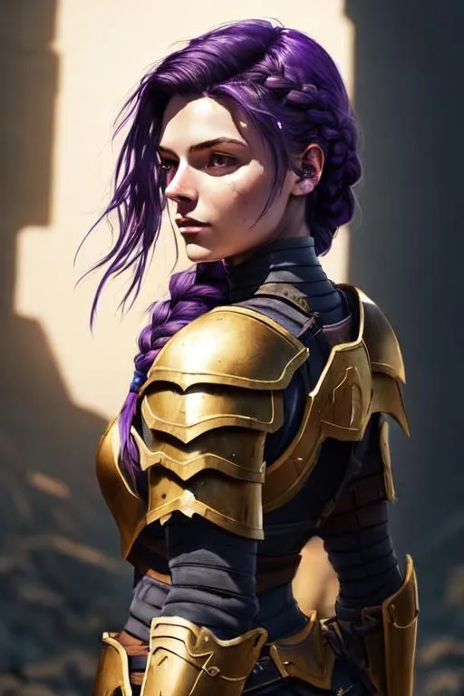 Prompt: Digital art, 20-year-old woman viking, dark purple hair, a single braid draping down the side of her right shoulder, black gear, gold armor, unreal engine 8k octane, 3d lighting, full body, full armor