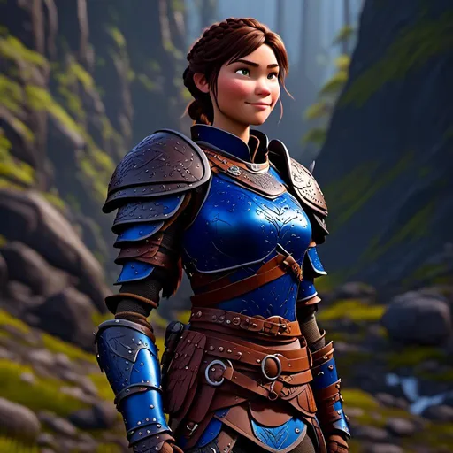 Prompt: <mymodel>Digital art, 18-year-old viking woman, subtle smile, cobalt blue gear, cobalt blue armor, brunette hair, two braids, dark brown eyes, unreal engine 8k octane, 3d lighting, full body, full armor