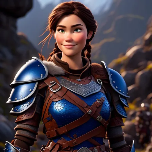 Prompt: <mymodel>Digital art, 18-year-old viking woman, subtle smile, cobalt blue gear, cobalt blue armor, brunette hair, two braids, dark brown eyes, unreal engine 8k octane, 3d lighting, full body, full armor