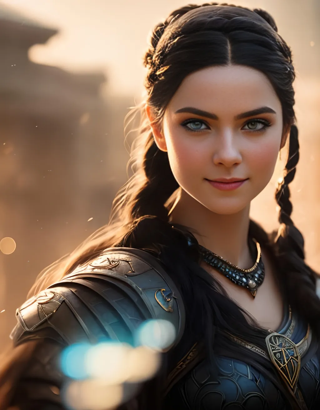 Prompt: she has black hair, create most beautiful fictional female princess viking warrior, hopeful smile, black hair, light blue eyes, extremely detailed environment, detailed background, intricate, detailed skin, professionally color graded, photorealism, 8k, moody lighting