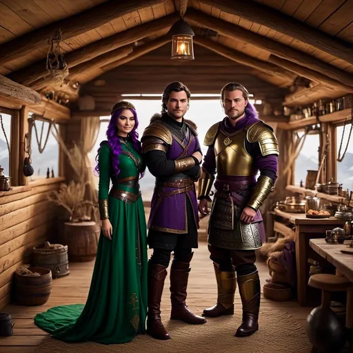 Prompt: Photo of <mymodel> standing in her hut with her husband Jarl Everson who is 24-years old who has brown (((short)) wavy hair and green gear