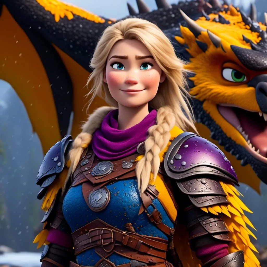 Prompt: <mymodel>CGi Animation, 20-year-old viking woman with blue eyes, a rainy scene, the viking woman has a subtle smile, blonde hair, she has blue gear, yellow armor, black pants, black boots, she is standing next to a bright blue dragon with purple highlights, unreal engine 8k octane, 3d lighting, full body, full armor
