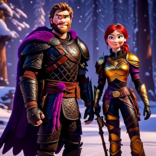 Prompt: Photo of<mymodel>standing next to her ((black)) razorwhip dragon from How to Train Your Dragon in the snow, viking warrior, purple hair, single braid down her shoulder, black gear, gold armor, black pants, gold boots, 8K octane, unreal engine, short focus, blurry background