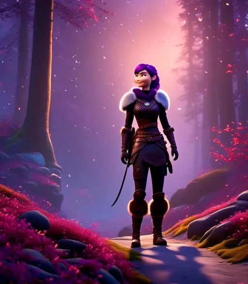 Prompt: <mymodel>CGI Animation, digital art, 20-year-old-old viking woman of royalty standing in a dimly lit thick forest with trees everywhere, dense fog, light blue eyes, {{black gear, purple armor}}, purple hair, single braid down her shoulder with a tiara, subtle smile, black dragon with metal scales, light blue eyes, unreal engine 8k octane, 3d lighting, close up camera shot on the face, full armor