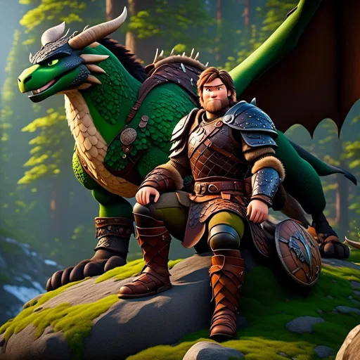 Prompt: <mymodel>Male viking warrior, thin and light muscle build, sitting on a boulder in the forest, there is a large green dragon with a flat body build standing next to the viking, viking has short brown hair, green eyes, green armor, brown gear, brown pants, brown boots, historical, strong and natural lighting, 8K octane, unreal engine