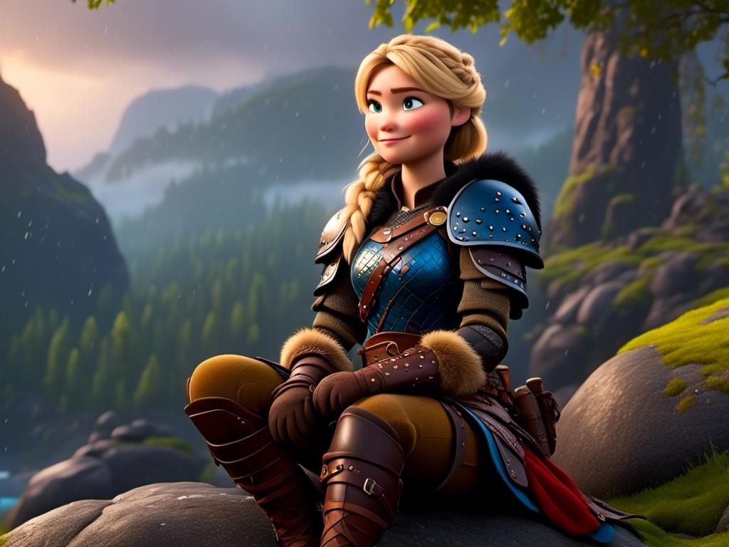 Prompt: <mymodel>CGi Animation, 20-year-old viking woman with blue eyes, a rainy scene, she is sitting on a boulder in a forest with it raining, the viking woman has a subtle smile, blonde hair in a ponytail style, she has blue gear, gold armor, black pants, black boots