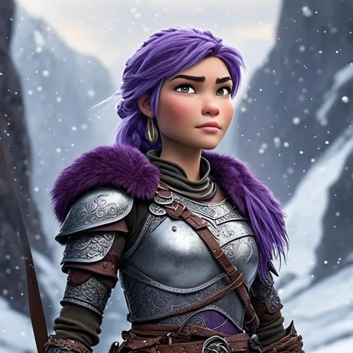 Prompt: <mymodel>animated CGI style, caucasian white, purple hair, viking female warrior, detailed braided hair and battle scars, rugged and weathered armor, intense and determined gaze, snowy and rugged landscape, fierce, warrior, detailed hair, battle scars, snowy landscape, intense gaze, weathered armor, dramatic lighting