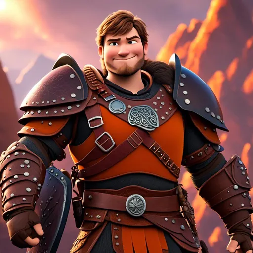 Prompt: <mymodel>Animated CGI style of a light build Caucasian Viking with brown hair, orange armor, maroon clothing textures, high quality, CGI, content gaze, viking, male, Caucasian, highres, professional, intense lighting