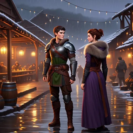 Prompt: <mymodel>{{{{Annabeth has gold armor and black gear}}}}, Photo of  standing in a viking village during heavy rain fall with his wife Annabeth, Annabeth is slightly shorter and has purple hair with a single hair braid down her shoulder, they are both in their early 30s, they are both wearing fur capes and fur hoods to keep warm