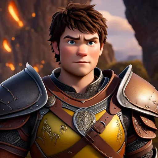 Prompt: <mymodel>Animated CGI style of a fierce 24-year-old Caucasian Viking with dark hair, light body build, intense gaze, realistic (yellow light armor) with highlights of orange textures, high quality, CGI, realistic, intense gaze, viking, male, Caucasian, detailed facial features, highres, professional, intense lighting