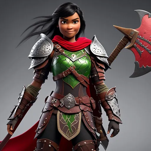 Prompt: <mymodel>Animated CGI style of a fierce Caucasian white Viking female about 25 years old, black hair, detailed facial features, leather armor {{((red))}} and green armor, battle axe and shield, intense and determined expression, dynamic and powerful pose, high definition, CGI, detailed armor, fierce female, Nordic designs, battle-ready, dynamic pose, professional lighting