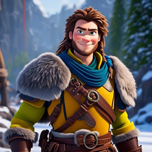 Prompt: <mymodel>CGI Animation, 20-year-old-old pirate man, a snowy scene, {{yellow gear, blue armor}}, brown hair, dreadlocks, subtle smile, beads hair, multiple braids, yellow gear, straight hair, green eyes, bracelets, rings on fingers, mercenary gear, unreal engine 8k octane, 3d lighting, close up camera shot on the face, full armor