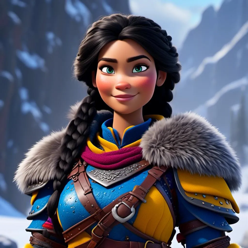 Prompt: <mymodel>CGi Animation, 20-year-old viking woman warrior with blue eyes, a snowy scene, the viking woman has a subtle smile, black hair, she has red gear, yellow armor with bursts of purple splotches, black pants, black boots